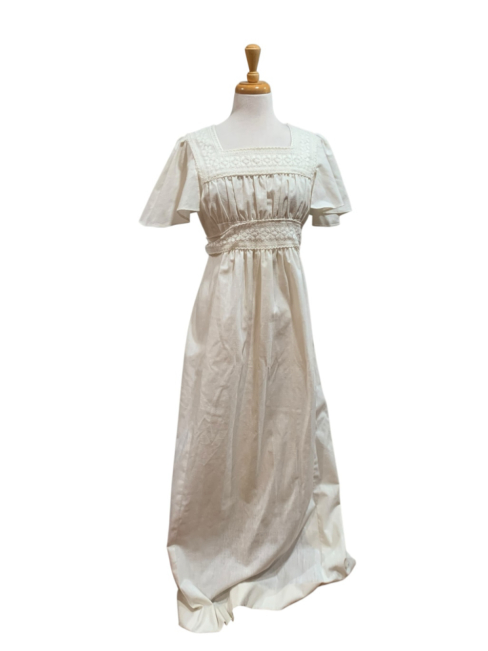 Vtg 70’s Women's Boho Maxi Dress Size M White lace Empire Waist flutter sleeve